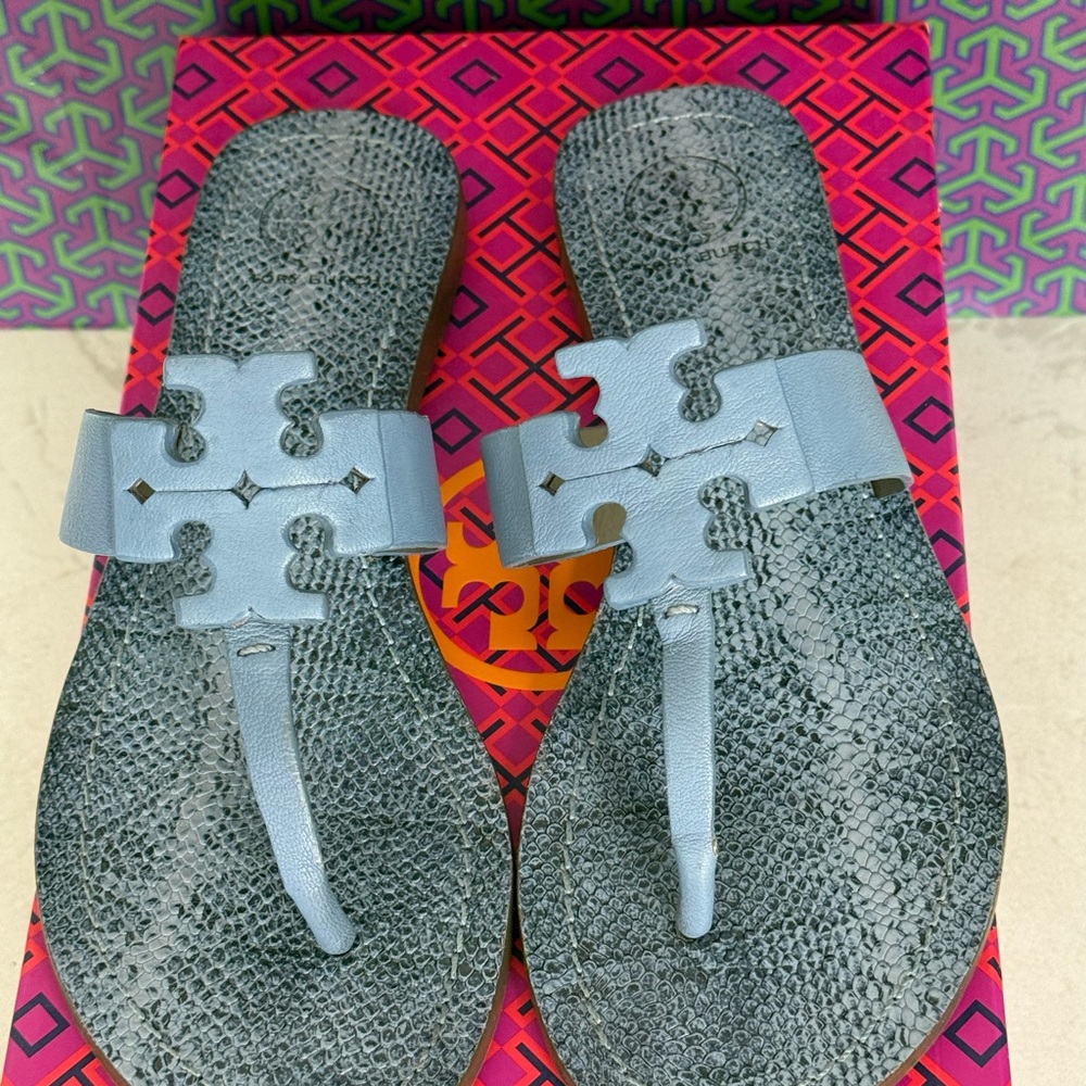 Tory Burch ocean mist Moore Flat Thong north leather size 7 -flip flop sandals - Picture 3 of 11